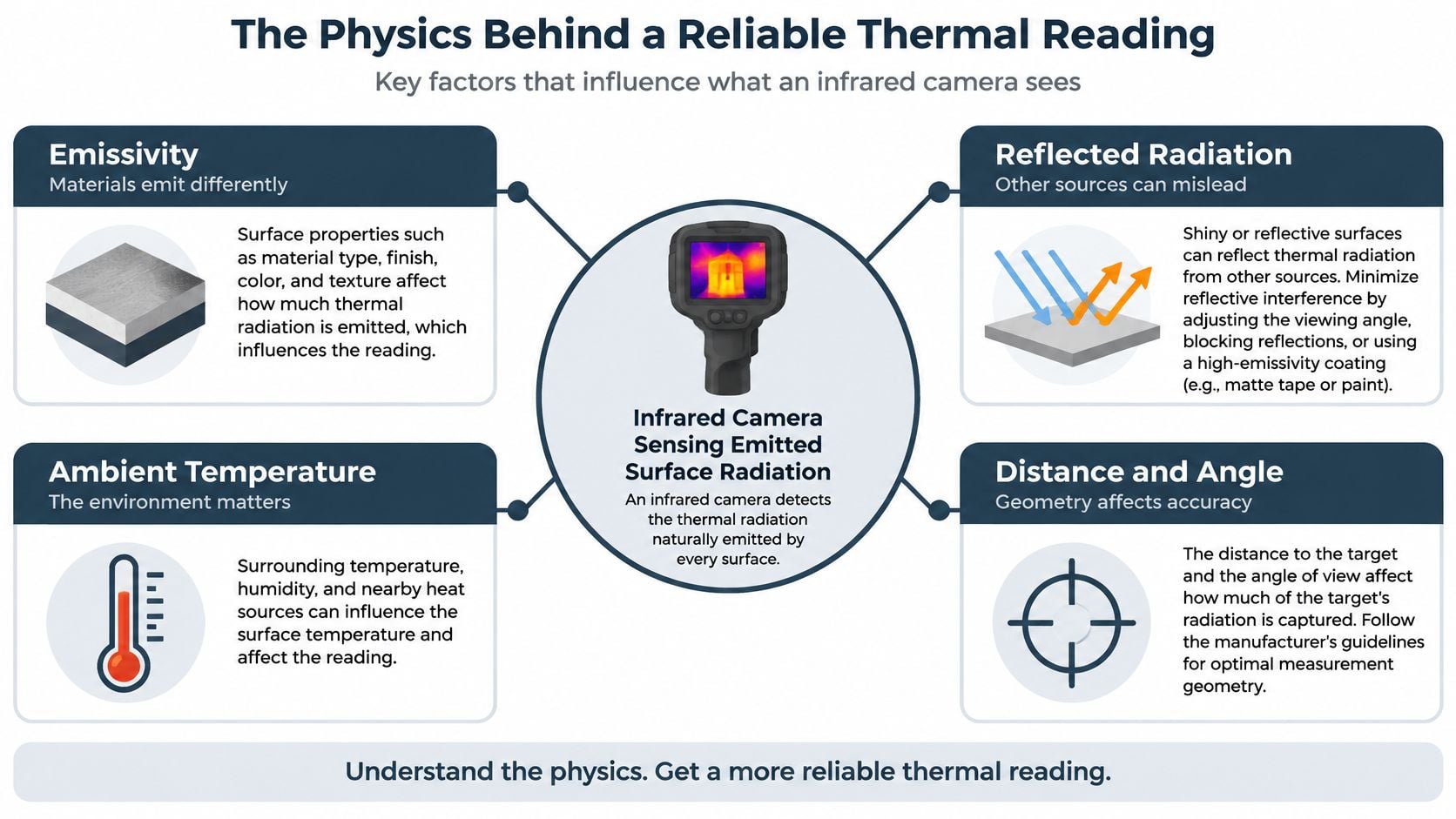 An infographic detailing the physics factors like emissivity, ambient temperature, reflections, and geometry affecting infrared camera thermal readings.
