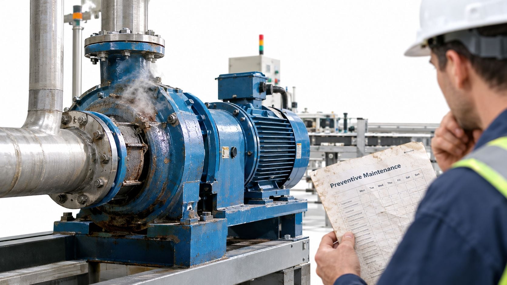 A professional technician wearing a hard hat examines a leaking industrial pump while holding a maintenance schedule.