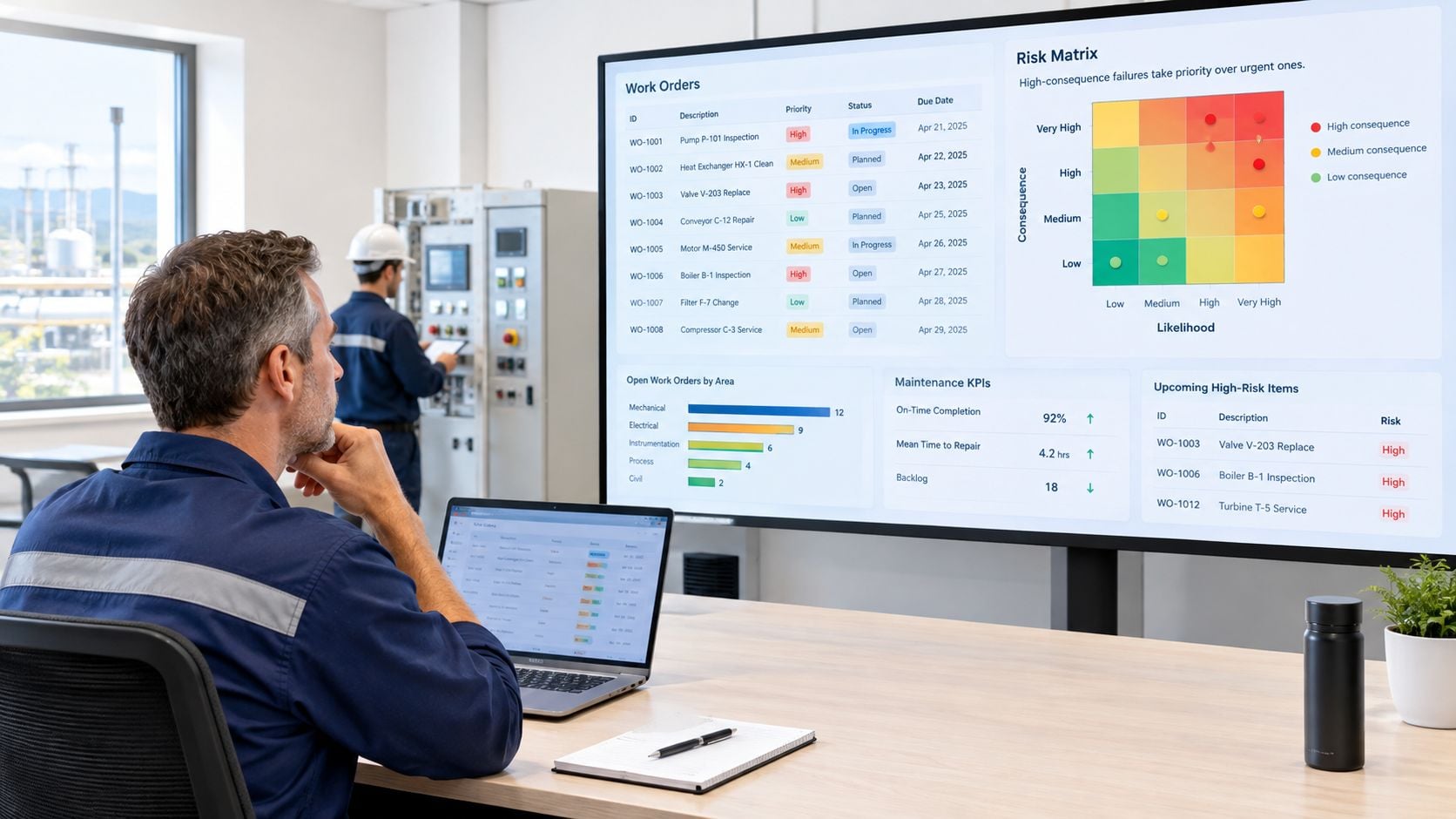 A technician reviews digital maintenance dashboards showing work orders, risk analysis, and maintenance KPIs in a control room.