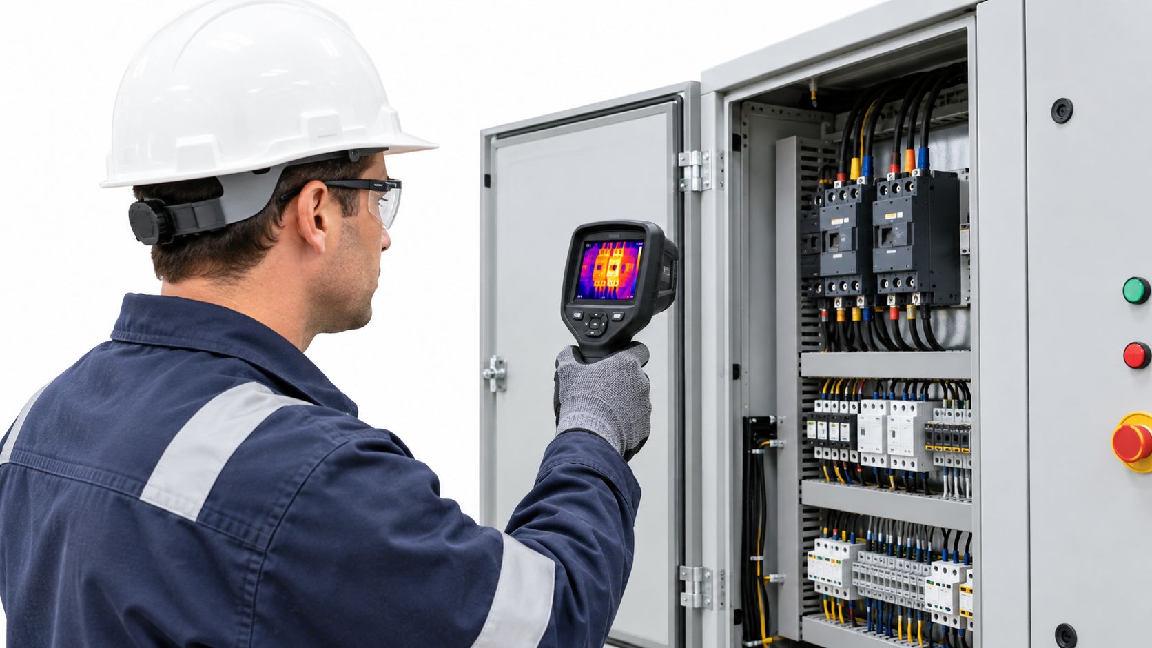 A technician using a thermal imaging camera to inspect electrical control panels for predictive maintenance.