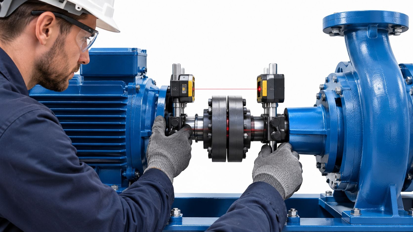 A technician wearing a hard hat performs laser shaft alignment on an industrial pump and electric motor.