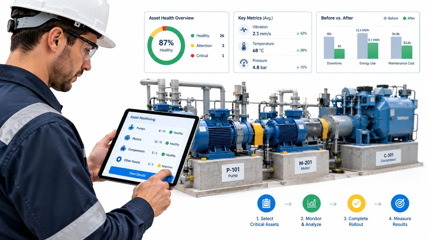 A maintenance technician using a tablet to monitor industrial machinery performance and asset health data.