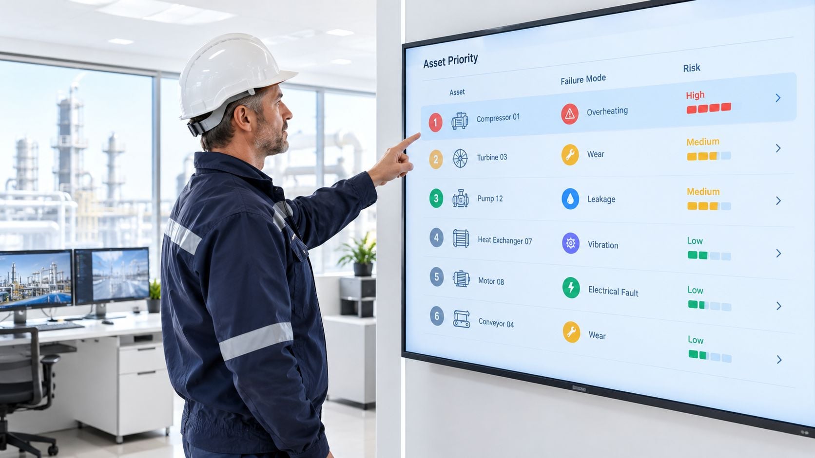 A technician wearing a hard hat examines an industrial digital dashboard displaying asset priority and maintenance risks.