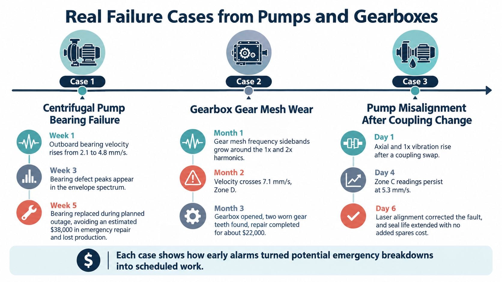 An infographic showing three real-world industrial cases of using predictive maintenance to prevent pump and gearbox failures.