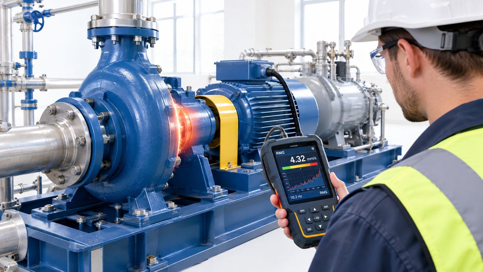 A technician using a vibration analysis device to monitor the operational condition of an industrial pump system.
