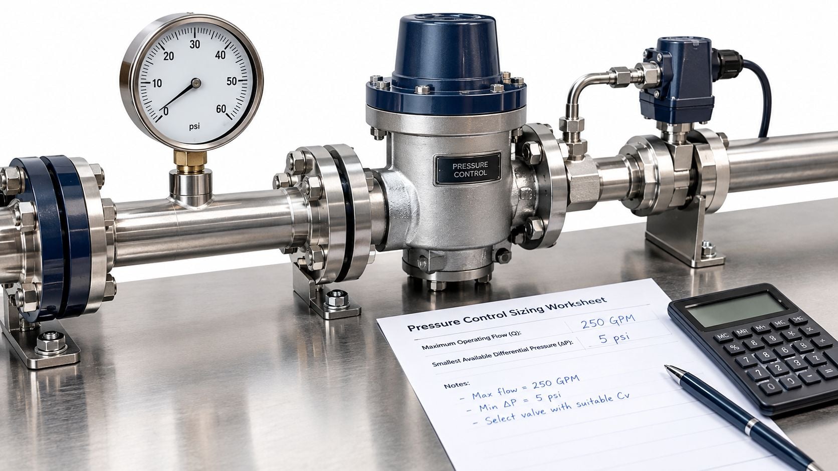 Industrial pressure control valve system on a table with a sizing worksheet, pen, and calculator.