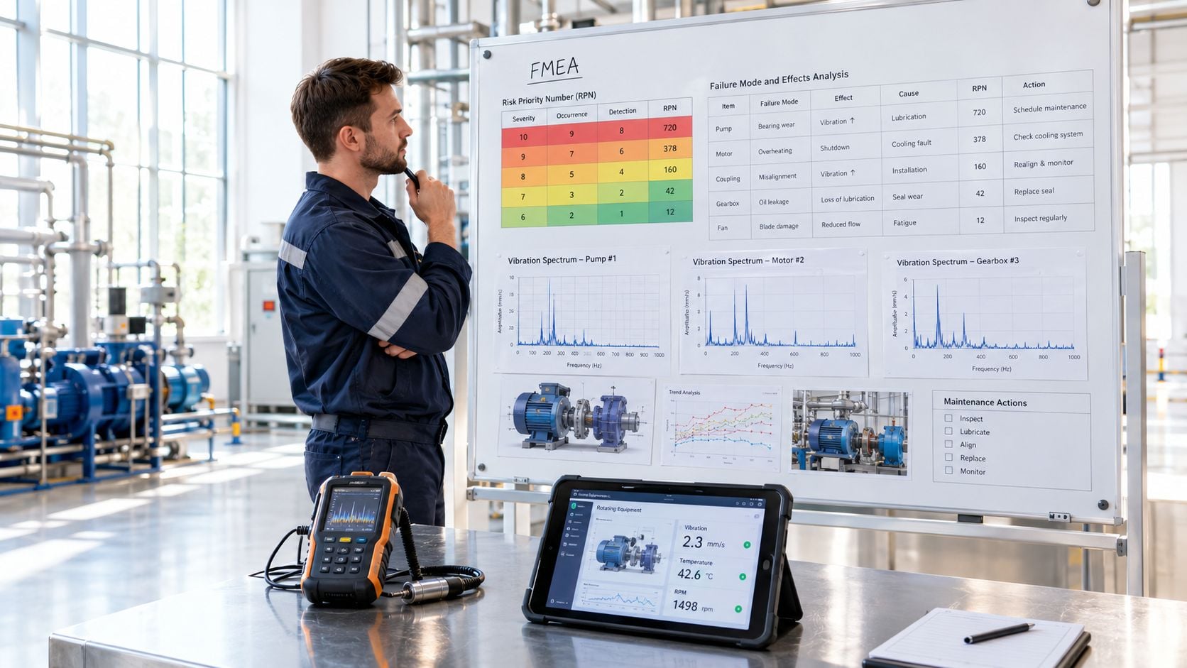 A technician standing in a factory inspecting an FMEA chart displayed on a whiteboard for root cause analysis.