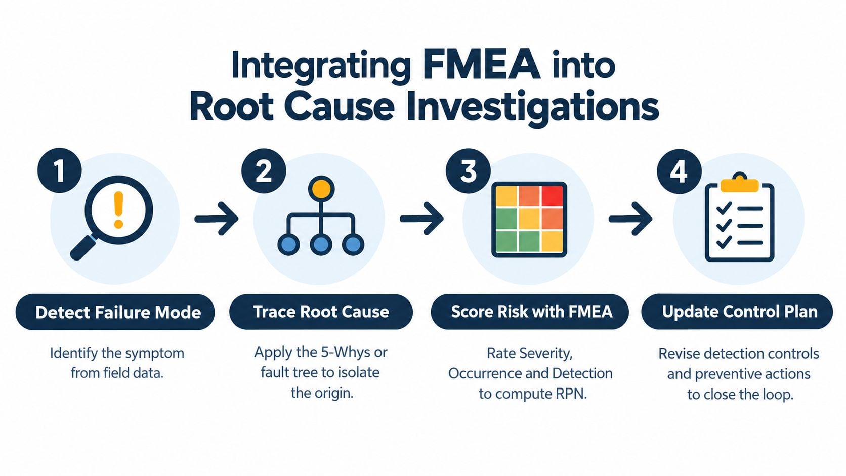 A four-step infographic illustrating the integration of FMEA into root cause investigations for improved quality control.