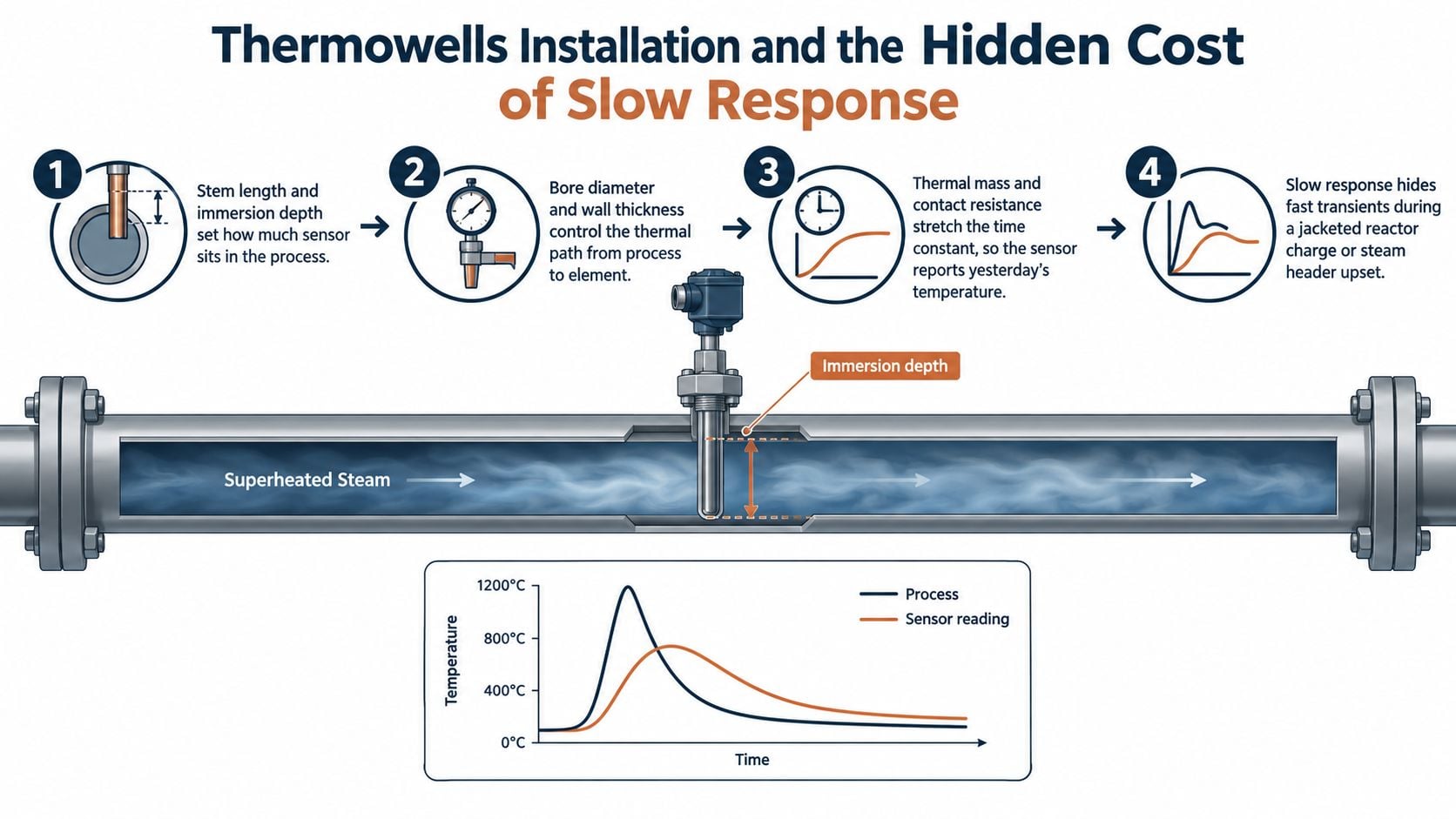 A diagram illustrating how thermowell installation factors affect thermal sensor response time and temperature accuracy in pipes.