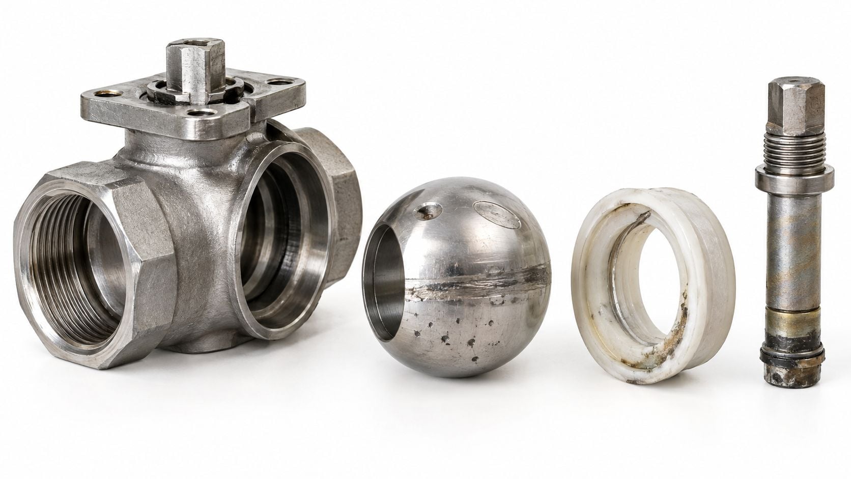 A disassembled stainless steel ball valve with its body, spherical core, seat, and stem on white background.