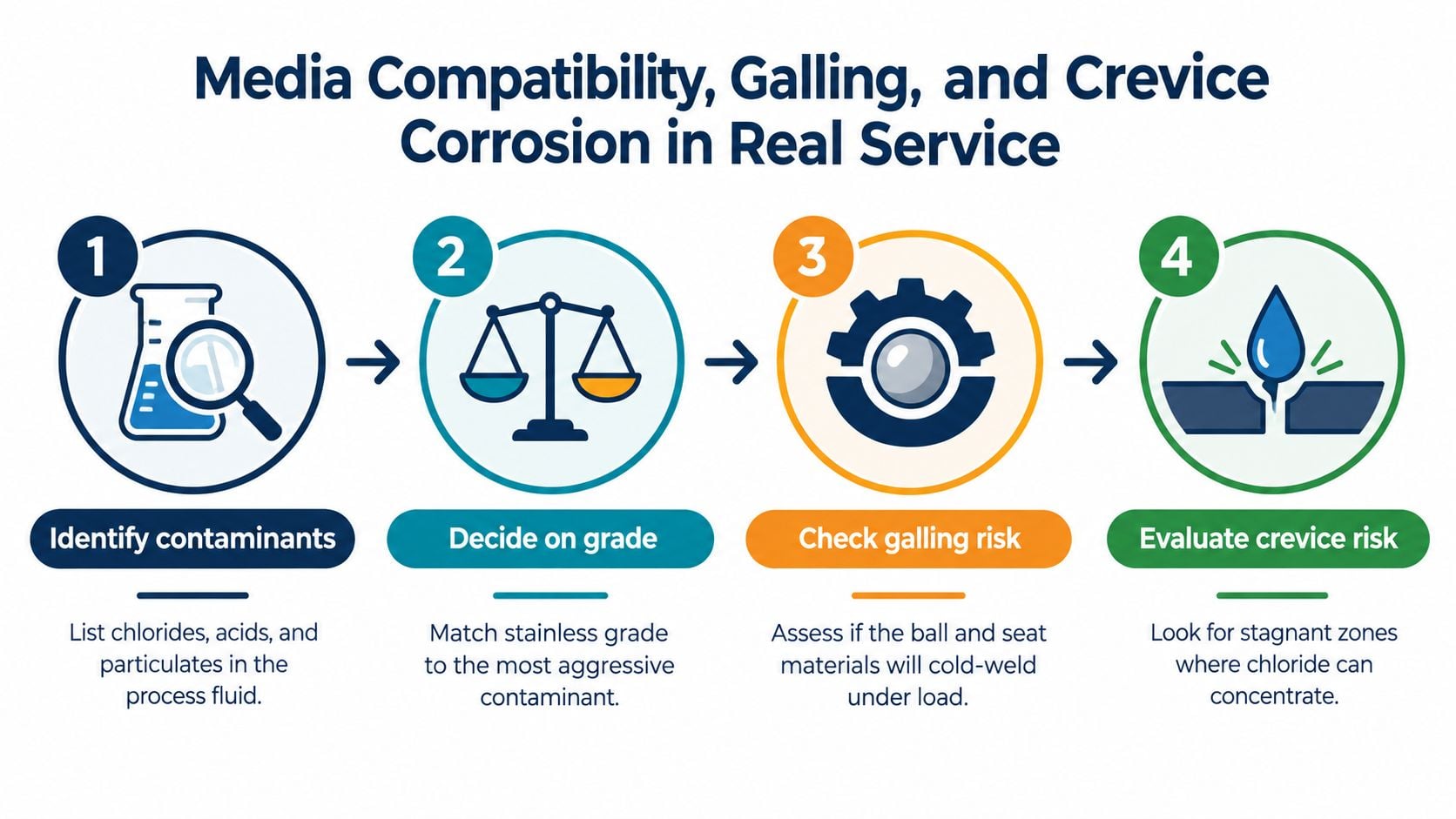 A four-step infographic illustrating considerations for stainless steel ball and seat material compatibility and corrosion resistance.