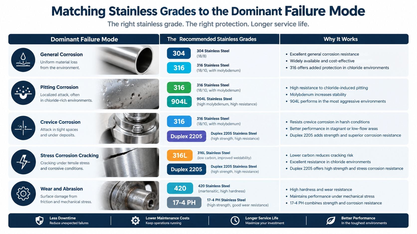 A chart comparing different stainless steel grades and their suitability for various industrial corrosion and wear failure modes.
