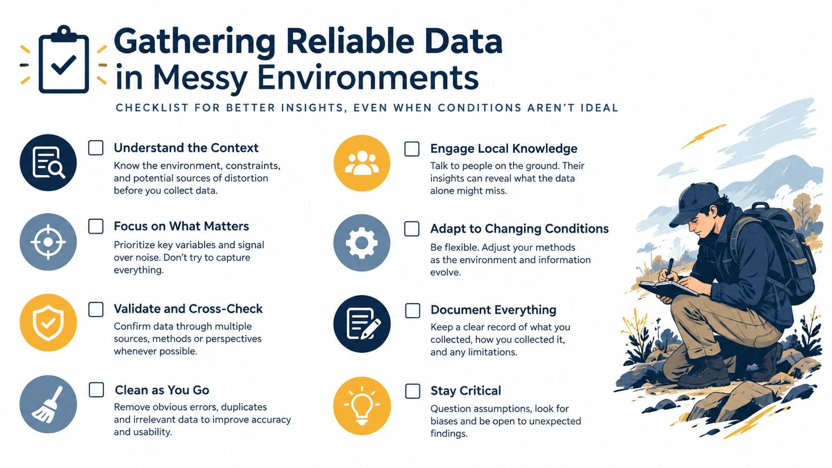 An infographic checklist outlining strategies for gathering reliable data in challenging and messy real-world environments.