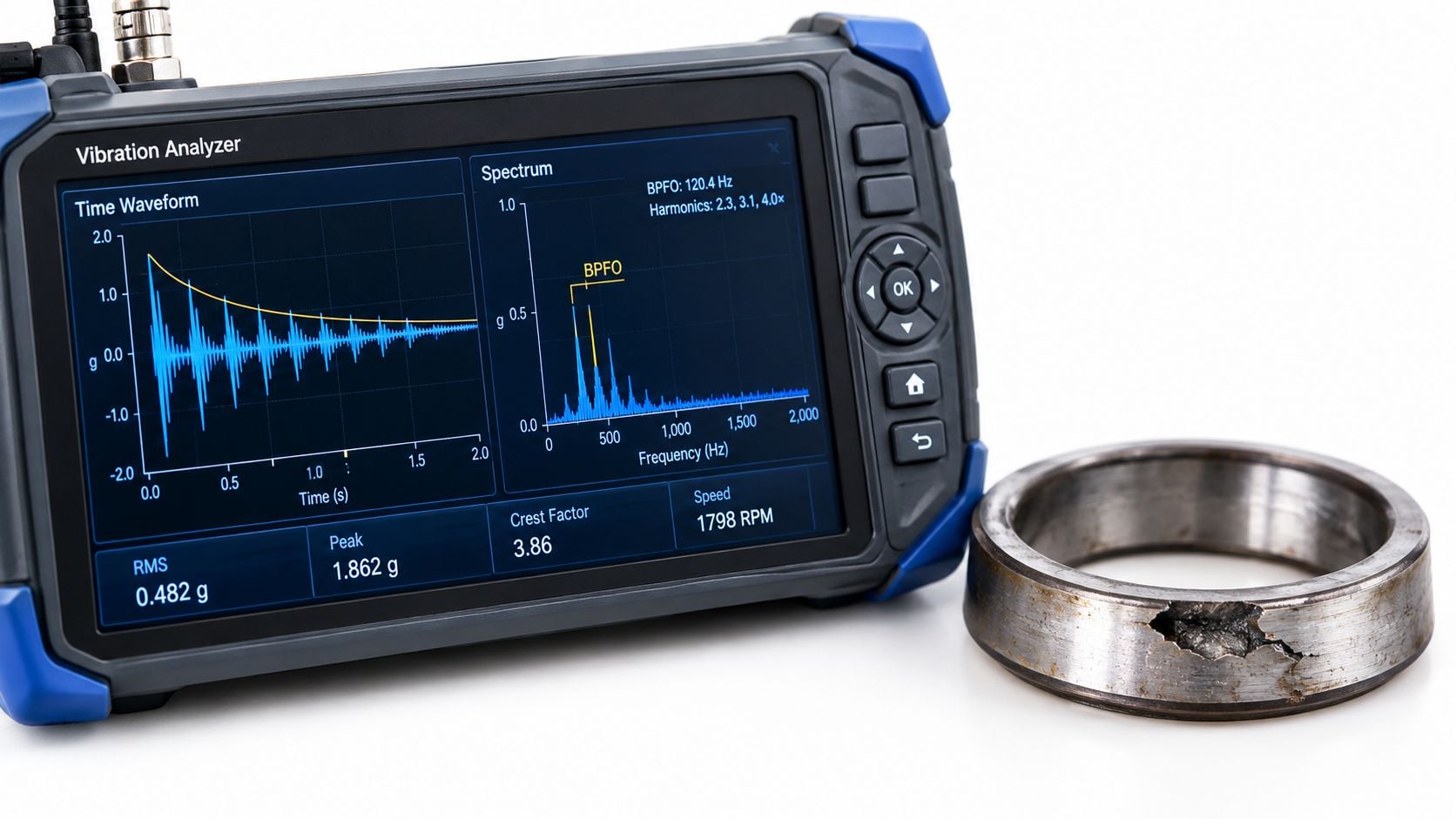 A vibration analyzer device displays spectral data next to a damaged industrial ball bearing race on white.