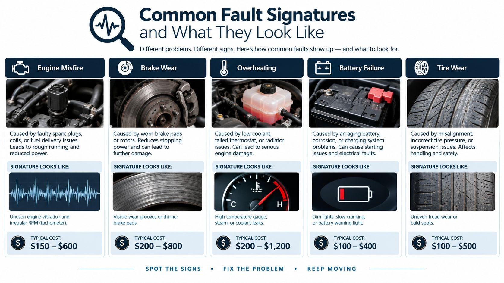 An infographic detailing common vehicle fault signatures, including symptoms, signs, and typical repair costs for car maintenance.