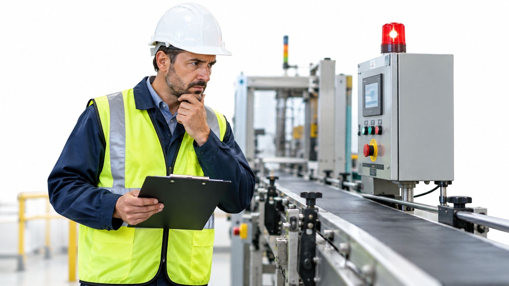 A professional engineer in safety gear reviewing factory equipment with a clipboard while deep in thought