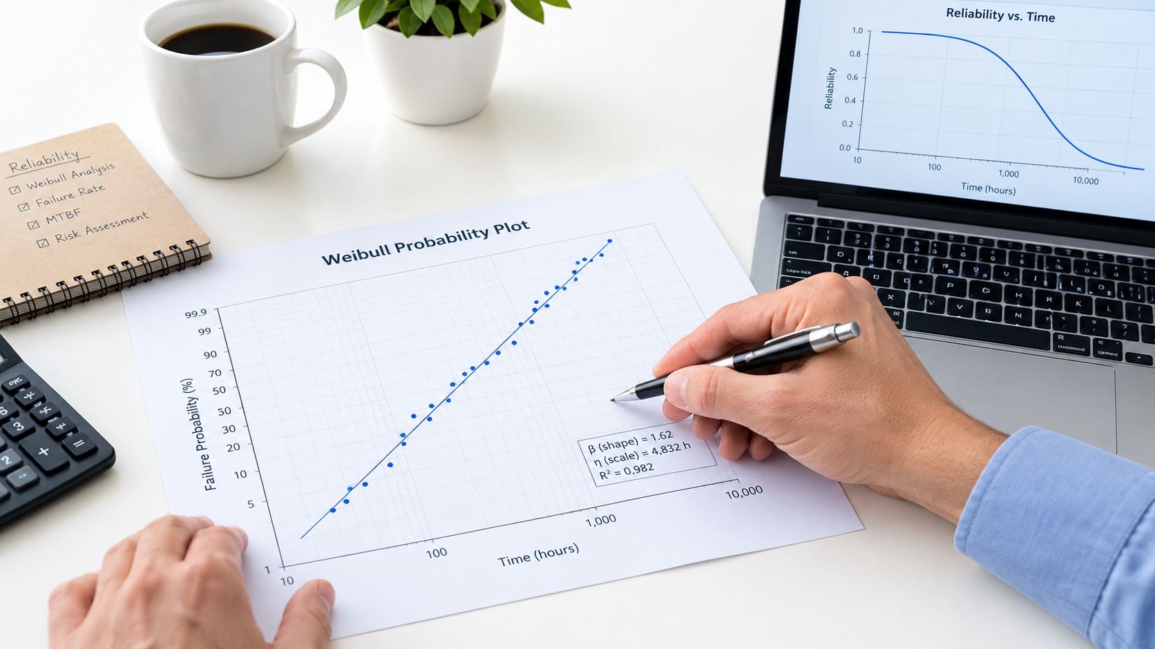 A professional analyzing a Weibull probability plot on paper with a pen at a desk workspace.